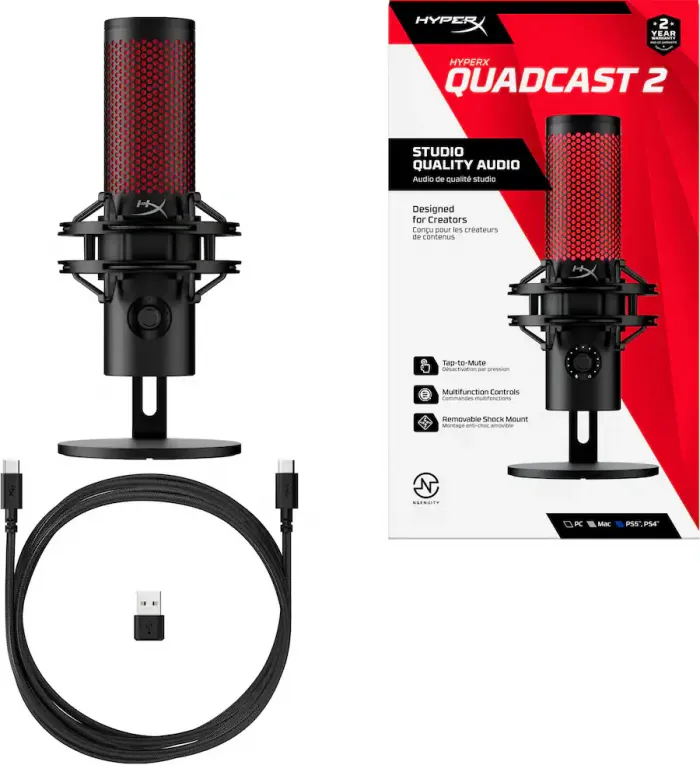 HyperX - QuadCast 2 Wired Multi-Pattern USB Electret Condenser Microphone - Black