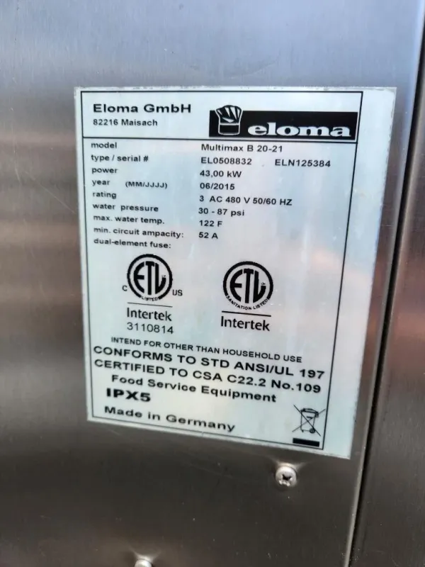 Eloma combi steamer - Multimax B20-21 EL0508832/ELN125384 w/ Roll-in Rack 480V