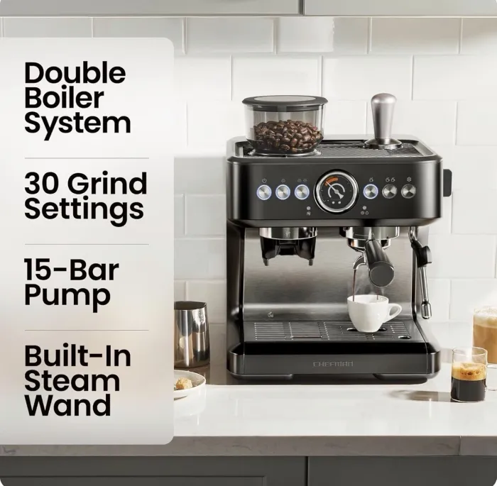 Chefman Crema Deluxe Espresso Machine with Double Boiler, Milk Frother And Brew
