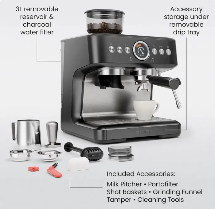 Chefman Crema Deluxe Espresso Machine with Double Boiler, Milk Frother And Brew